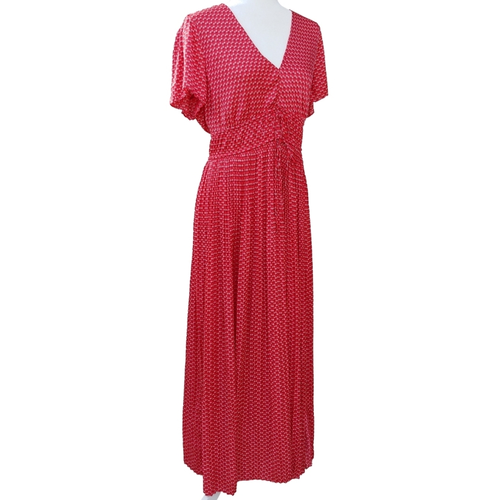 J.Crew Pleated Tie-Waist Maxi Dress with Short Sleeves in Red Print Women's 16